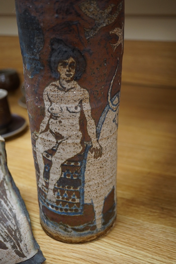 Eric James Mellon (1925-2014), a figural bottle vase, top rim chipped, inscribed to the base, together with a signed fragment, largest 42cm high